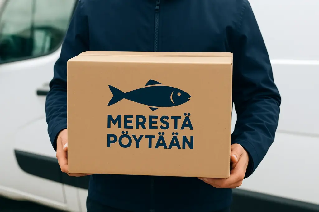 Kotiinkuljetuspalvelu toimittaa laatikollisen tuoretta kalaa asiakkaalle kotiovelle.